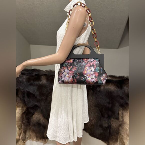 Handmade Cowhide Floral Embossed, Large Wooden Frame Bag & 2 Strap Styles - Picture 2 of 16